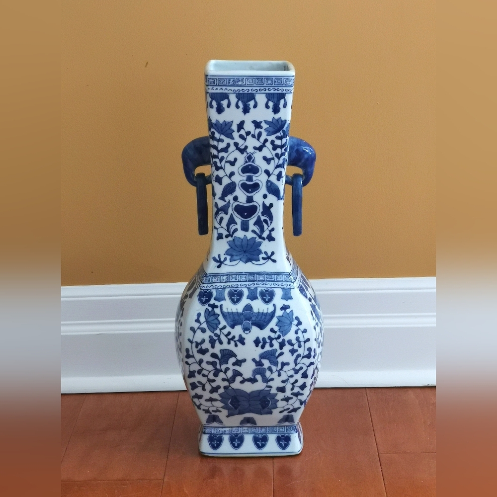 Vintage Chinese Blue/White Floral W/Elephant Heads & Rings Vase 18"